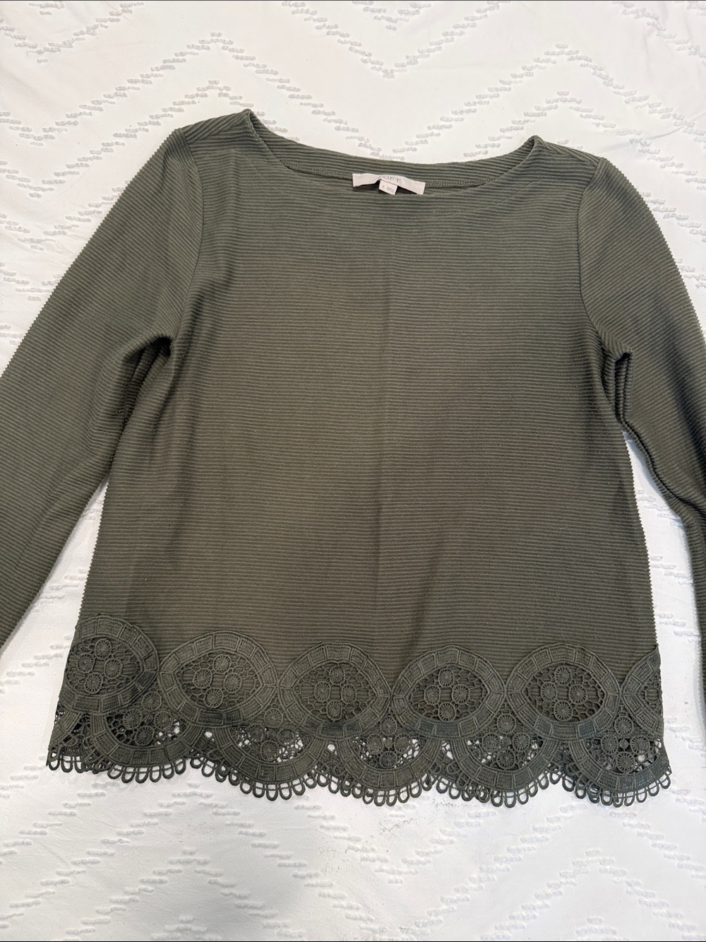 LOFT Olive Green Long Sleeve Top with Scalloped Lace Hem
